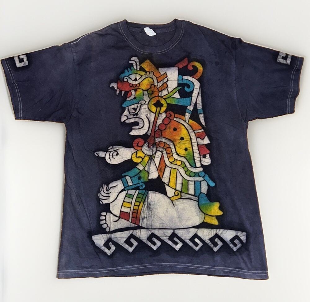 Aztec Mayan Graphic T Shirt Mens Large 21x27 Mesoamerican Tribal Art Black Tee